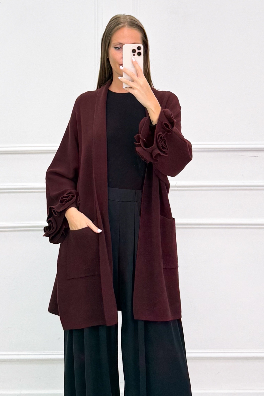 Long Ruffle-Trim Cardigan
