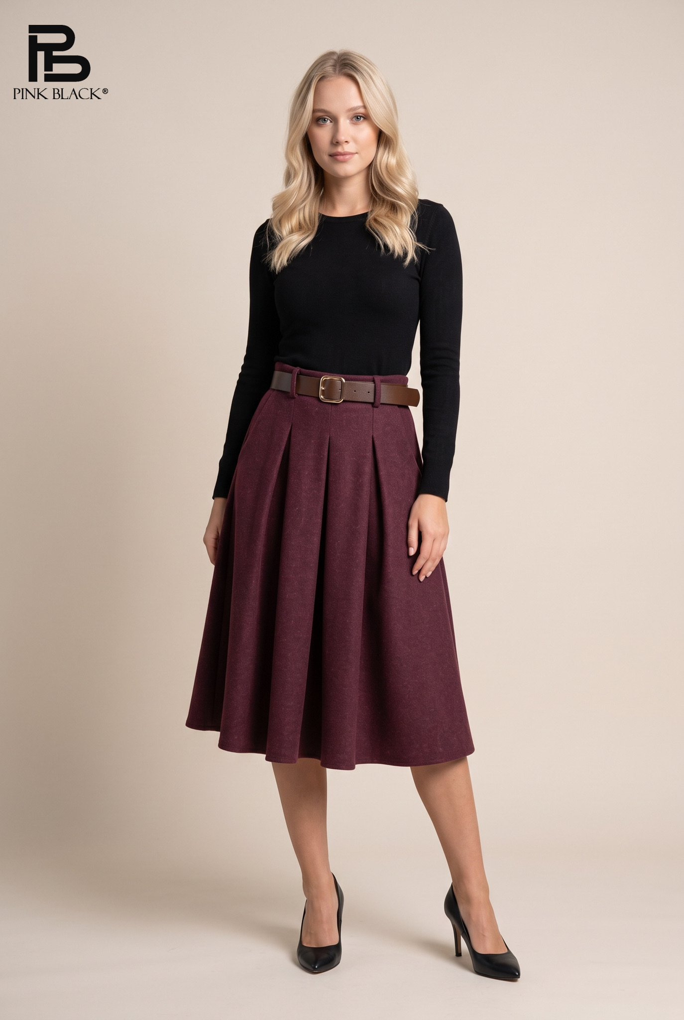 Pleated Midi Skirt with Waist Belt