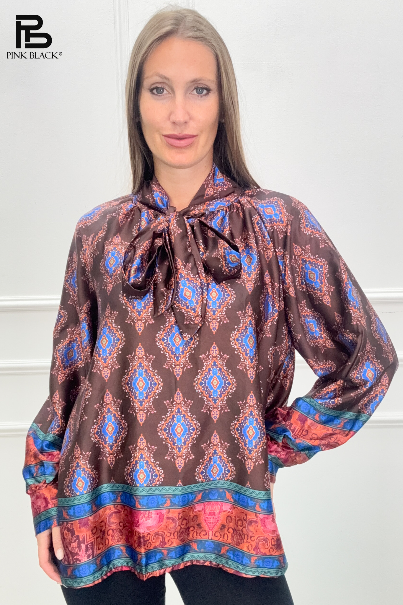 Stand-Collar Tunic Shirt with Bow