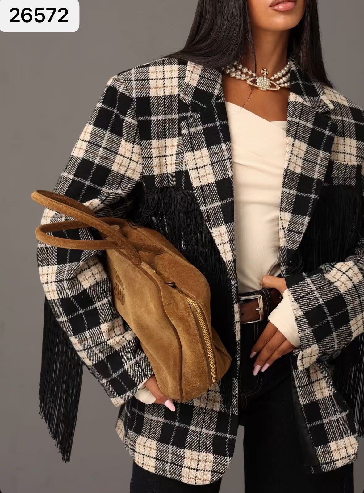Checked Jacket with Fringes