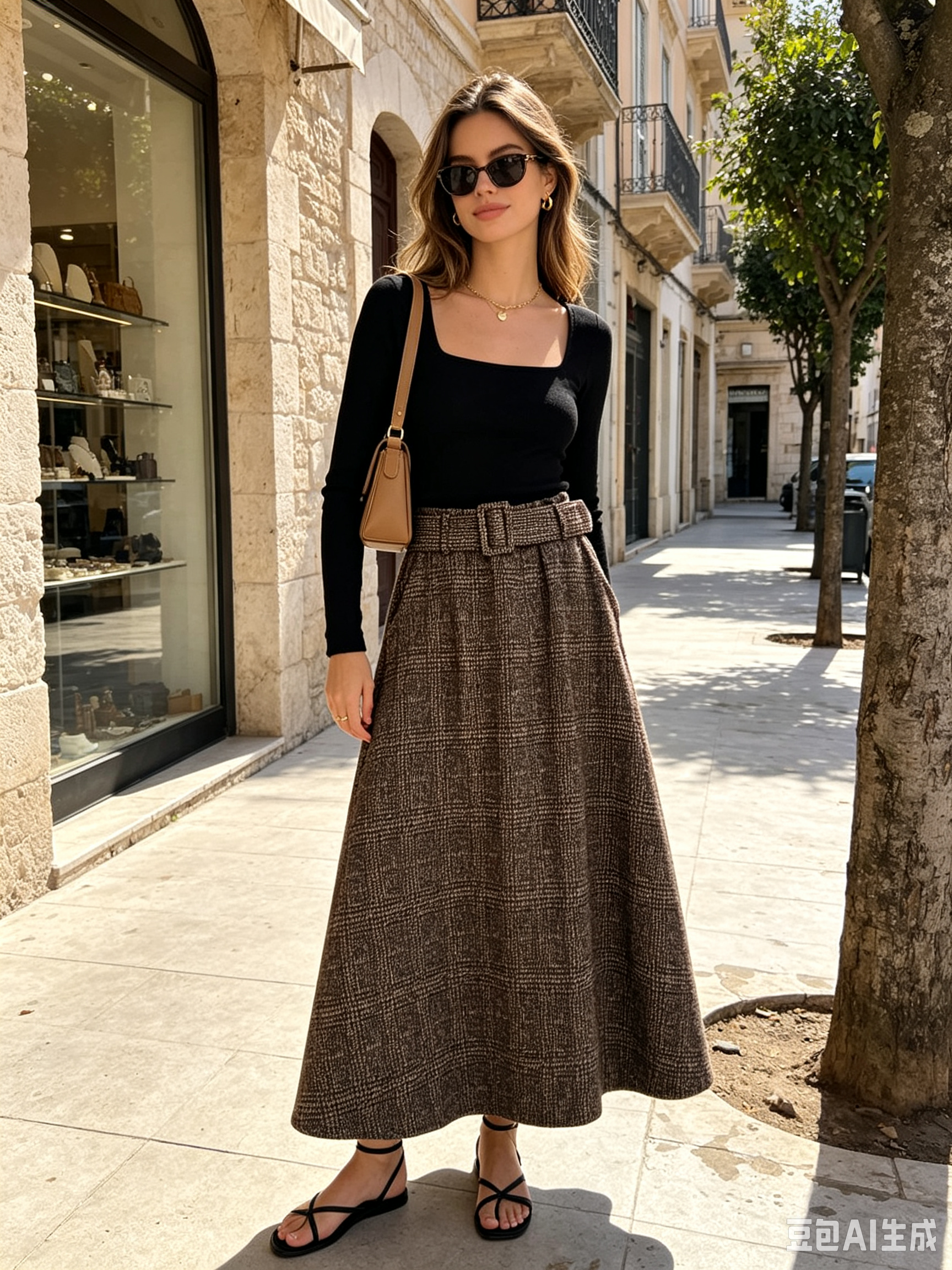 Midi A-line Check Skirt