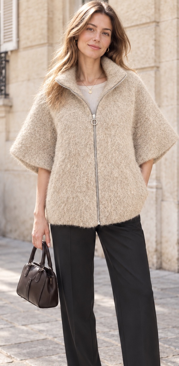 Short Poncho Coat with High Collar