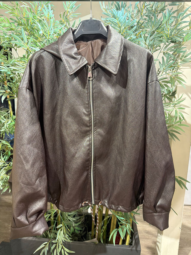 Short Leather Jacket with Drawcords