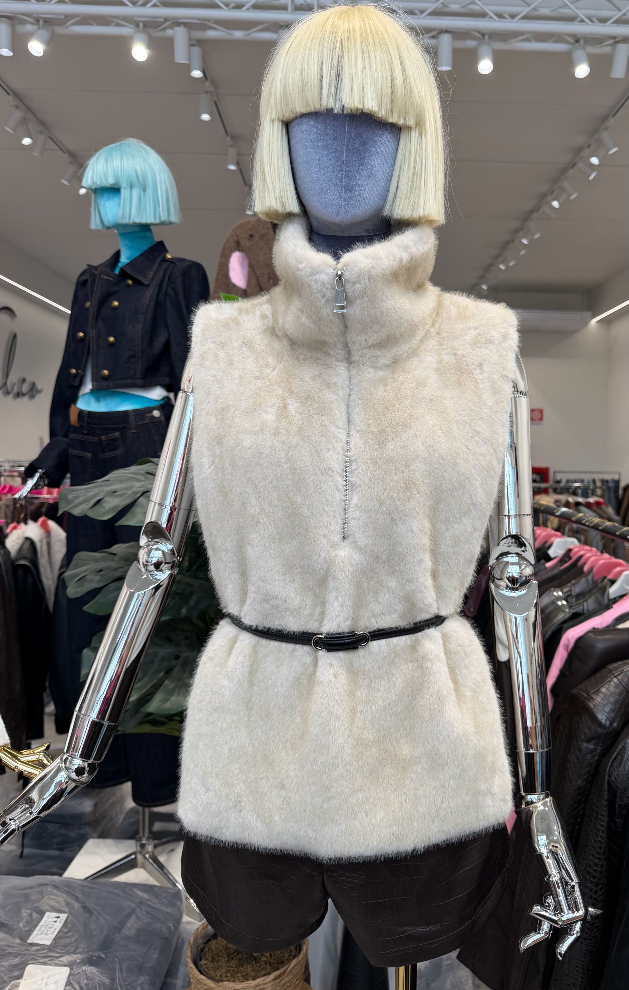 Long Faux-Fur Vest with Stand Collar