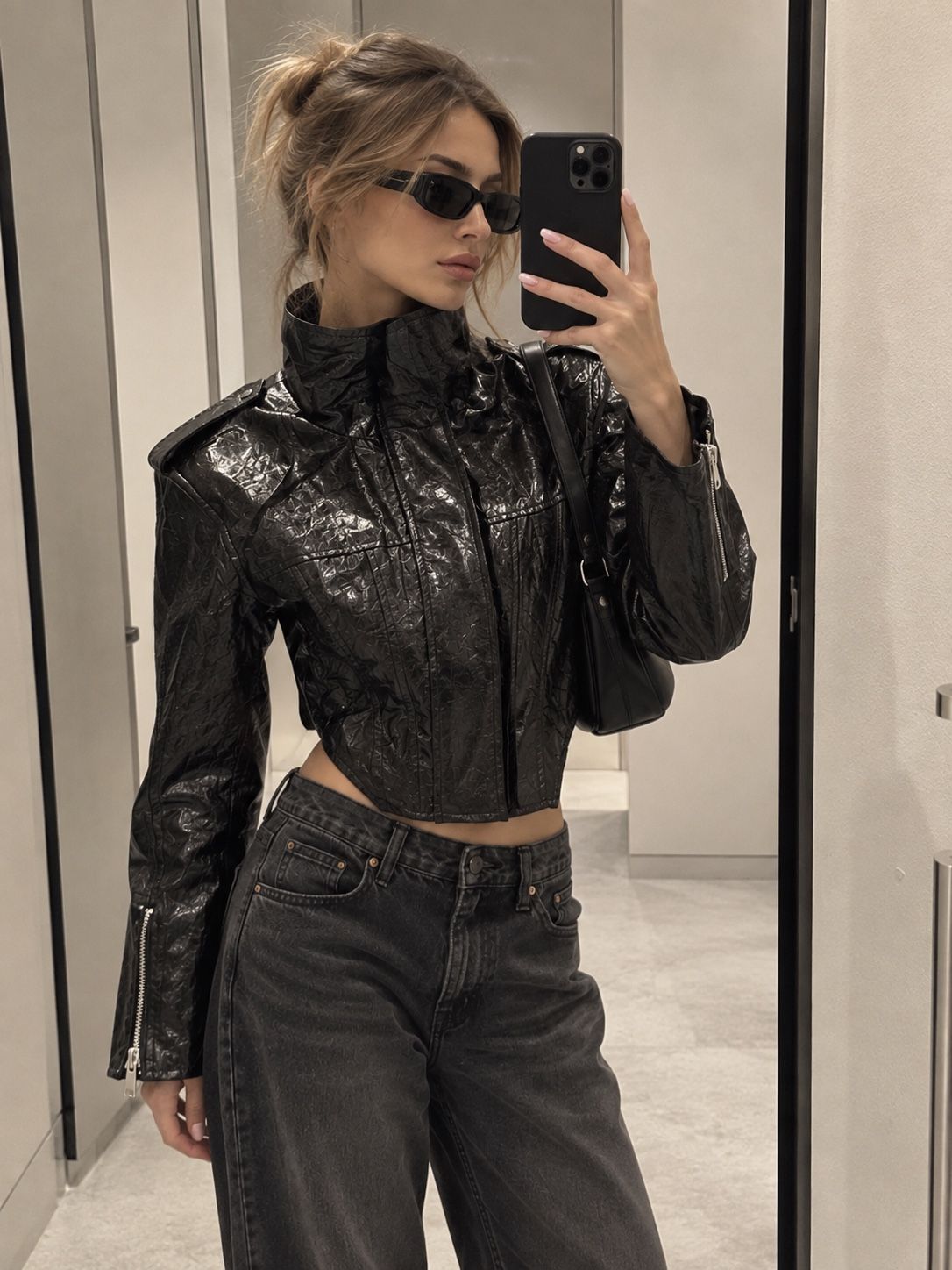Cropped Tailored Jacket with Stand Collar