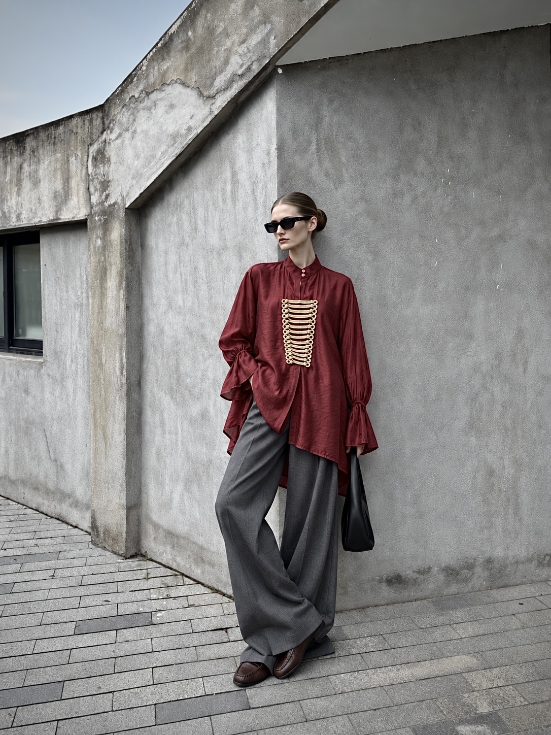Longline Blouse with Stand Collar