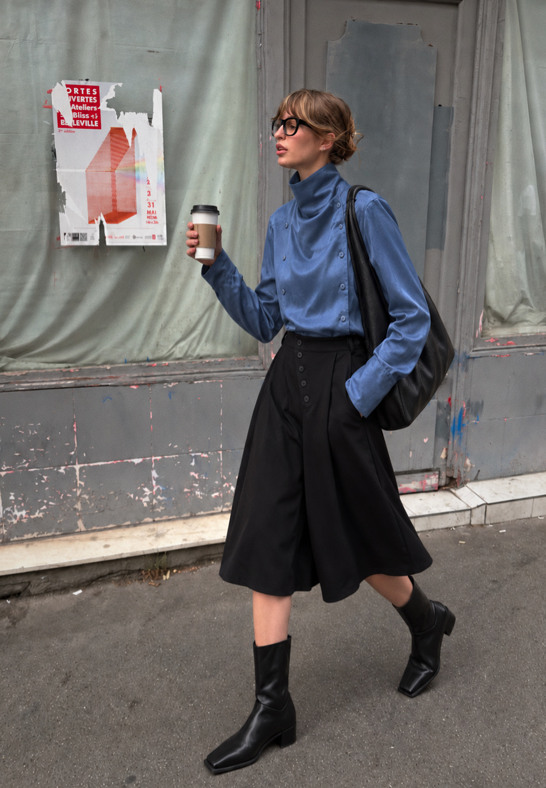 High-Neck Blouse with Waist Ties