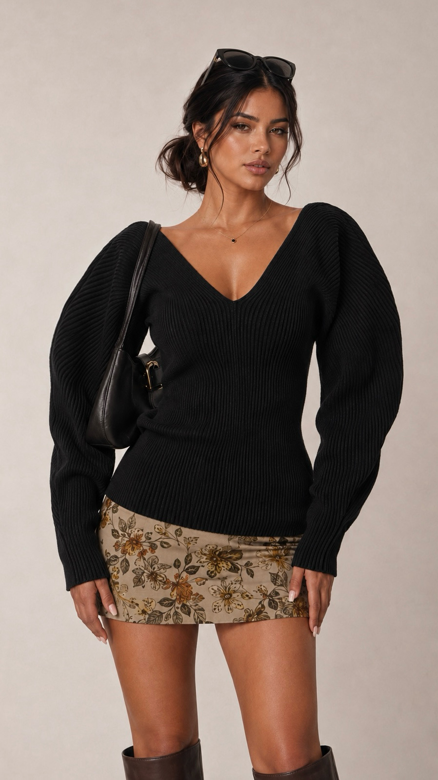 Fitted V‑Neck Sweater with Balloon Sleeves