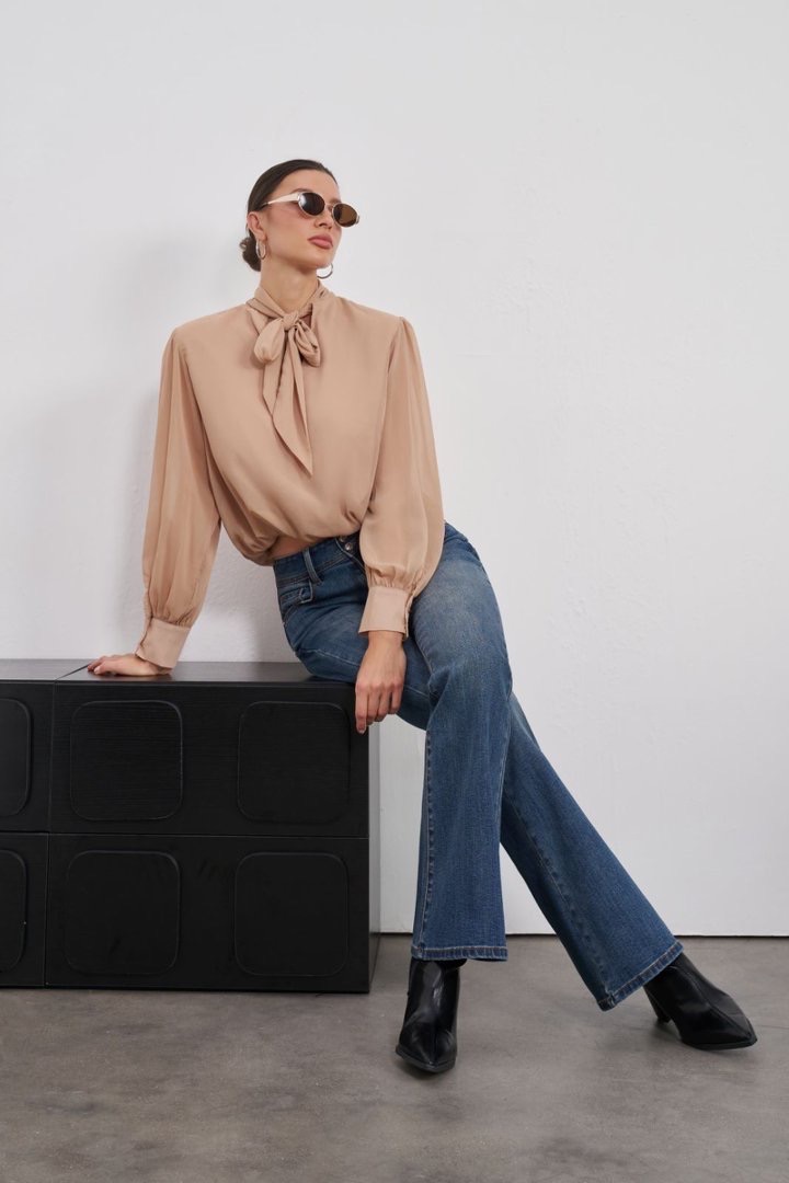 Bow-Tie Mock Neck Blouse
