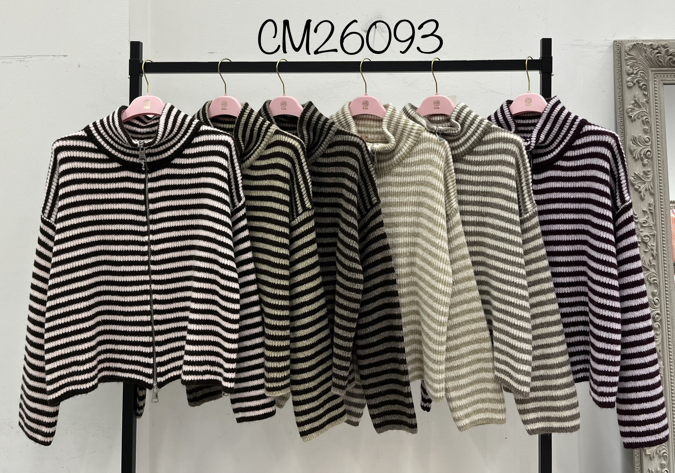 Striped Zip‑Through Cardigan with Stand Collar