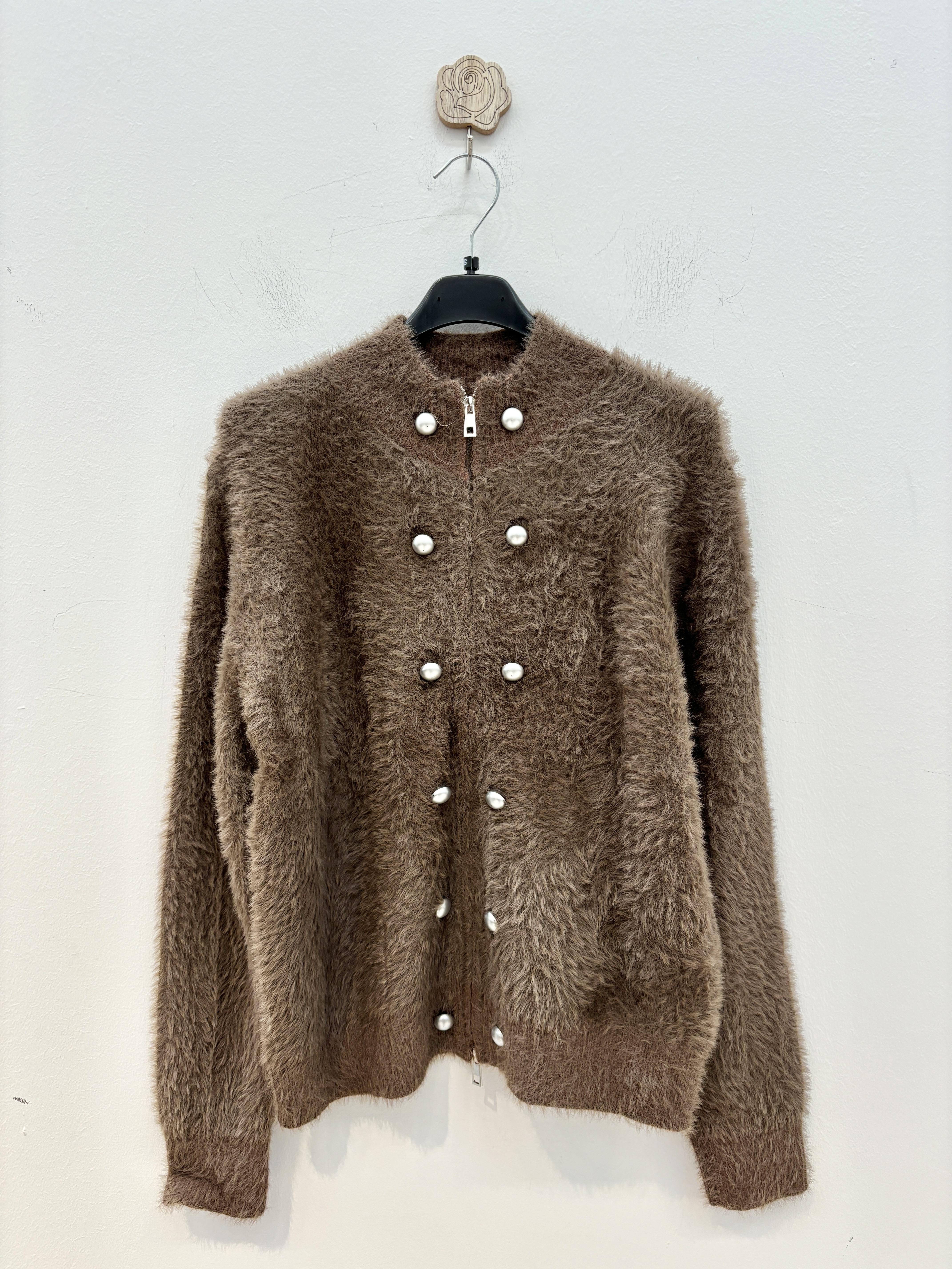 Zip-Front Cardigan with Decorative Buttons