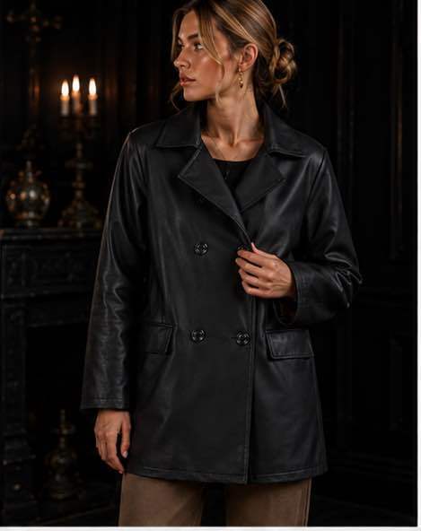 Long Double-Breasted Faux-Leather Jacket