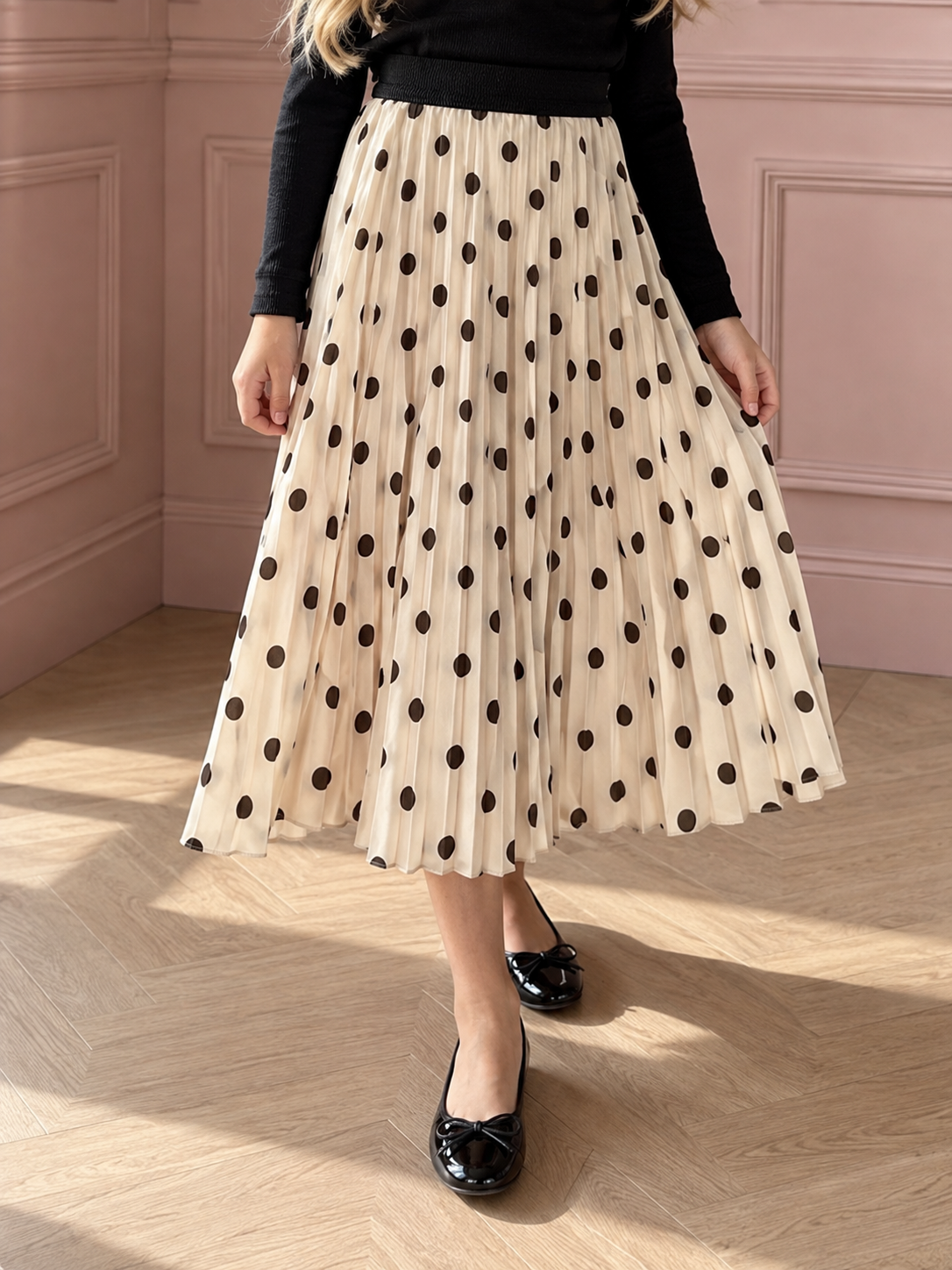 Pleated Midi Skirt with Polka Dots