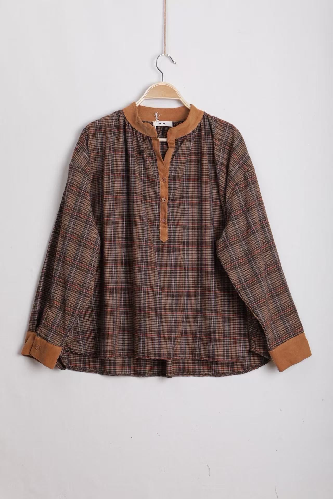 Checked Stand-Collar Blouse