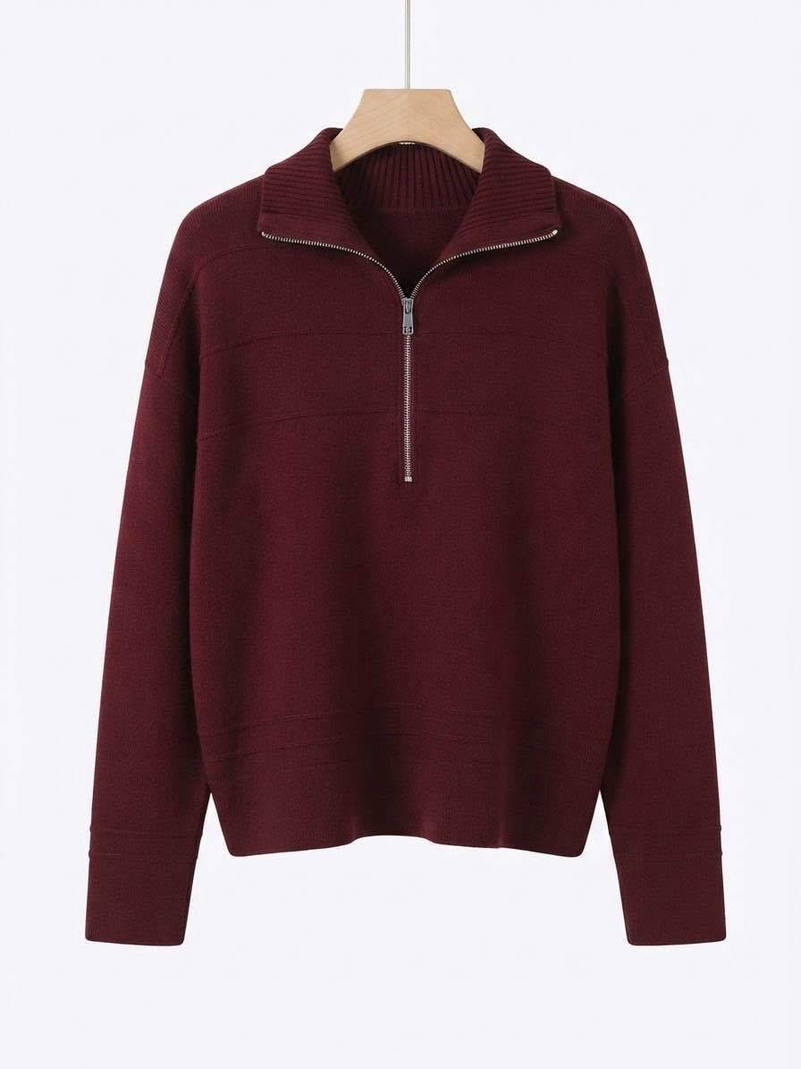 Relaxed Zip-Front Funnel-Neck Sweater