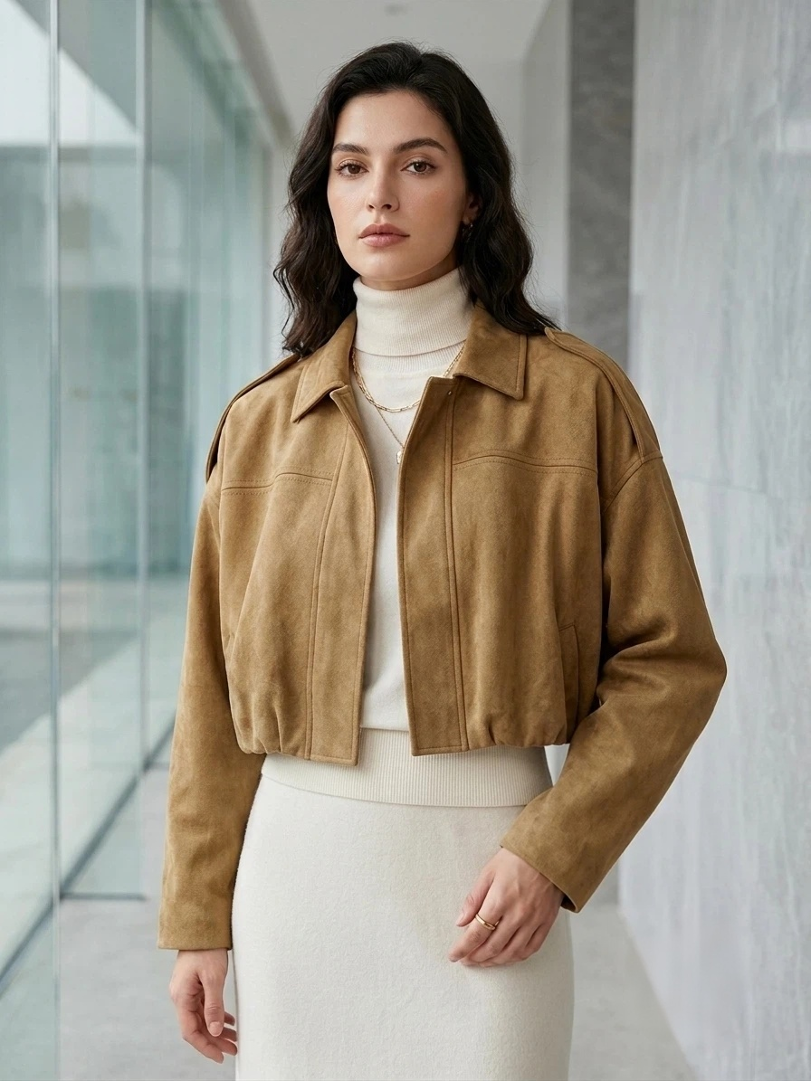 Oversized Cropped Bomber with Shirt Collar