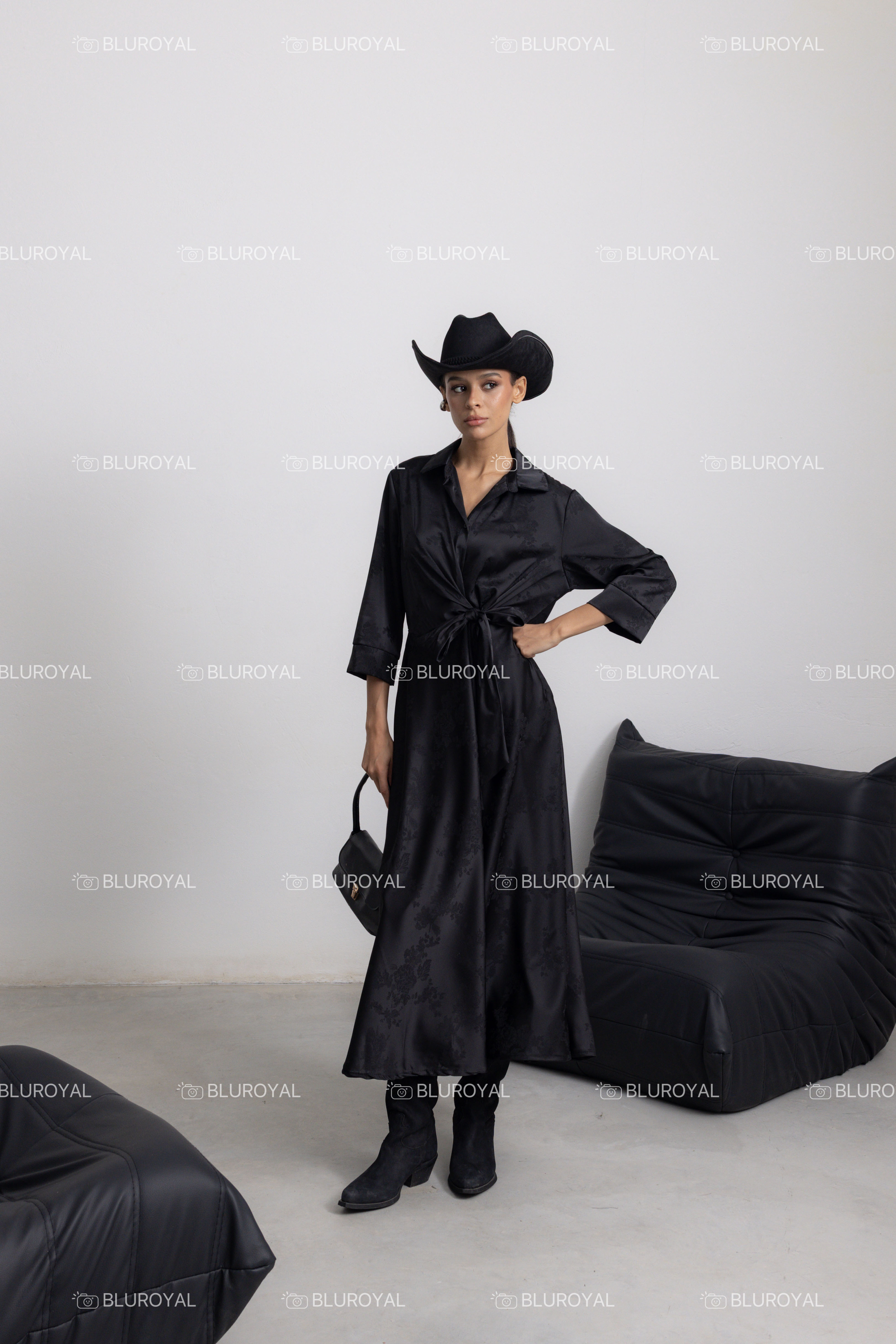 Midi Wrap Dress with Shirt Collar