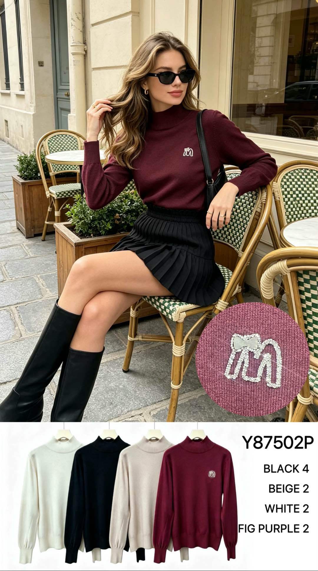 Half-Turtleneck Sweater with Embroidery