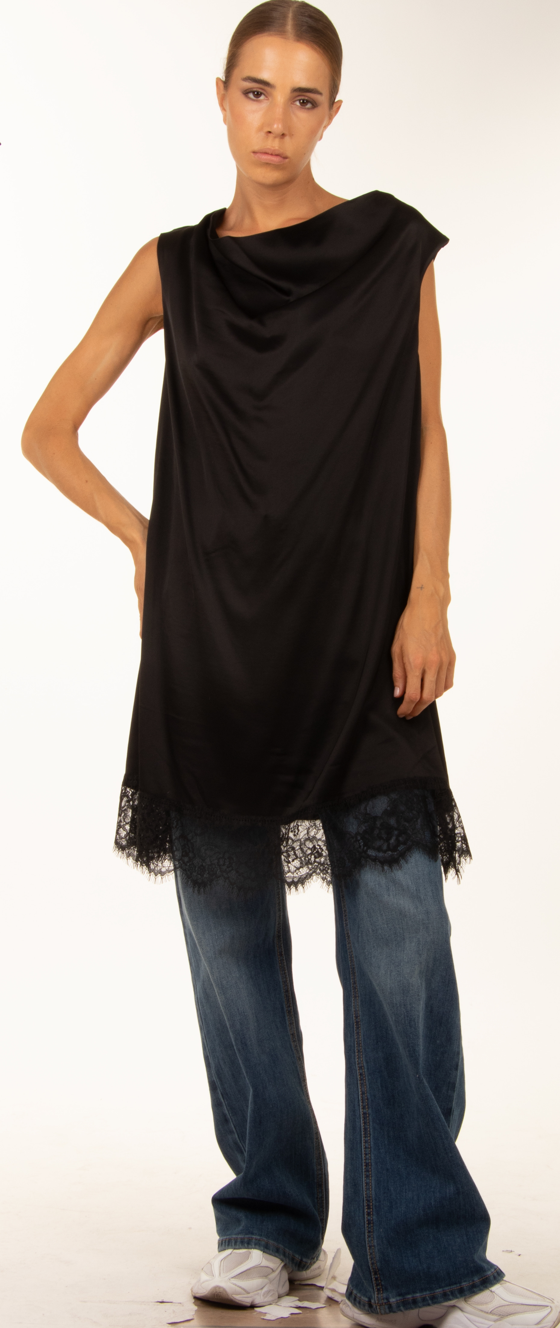 Satin-Trim Tunic Blouse with Lace