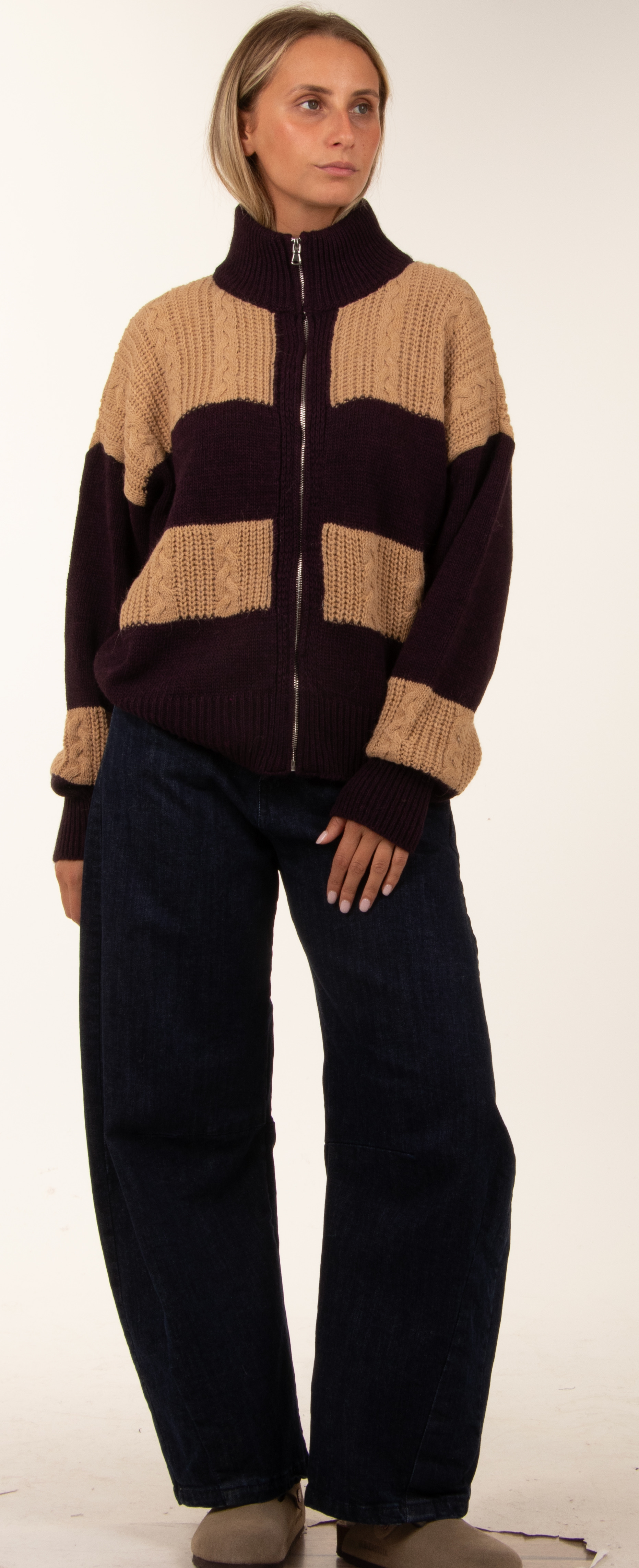 Relaxed Zip-Up Cardigan with Stand Collar