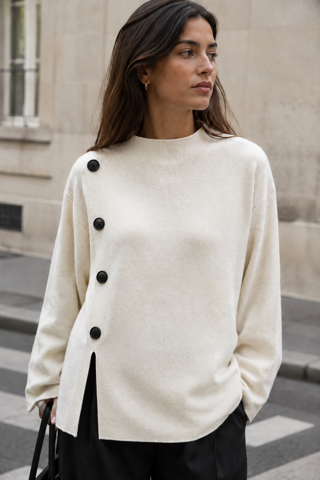 Relaxed Half-Turtleneck Sweater with Buttons