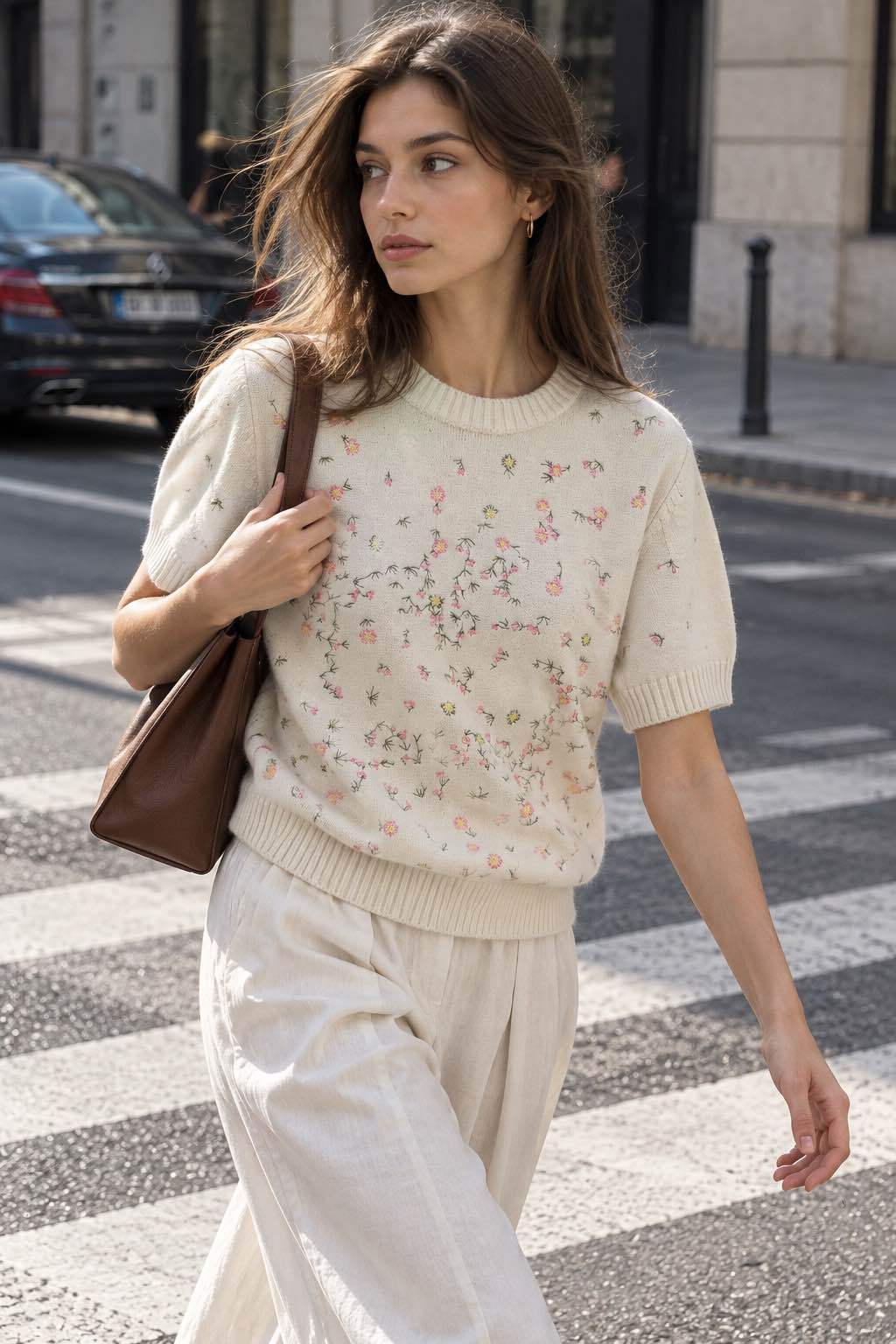 Cropped Floral Knit Sweater