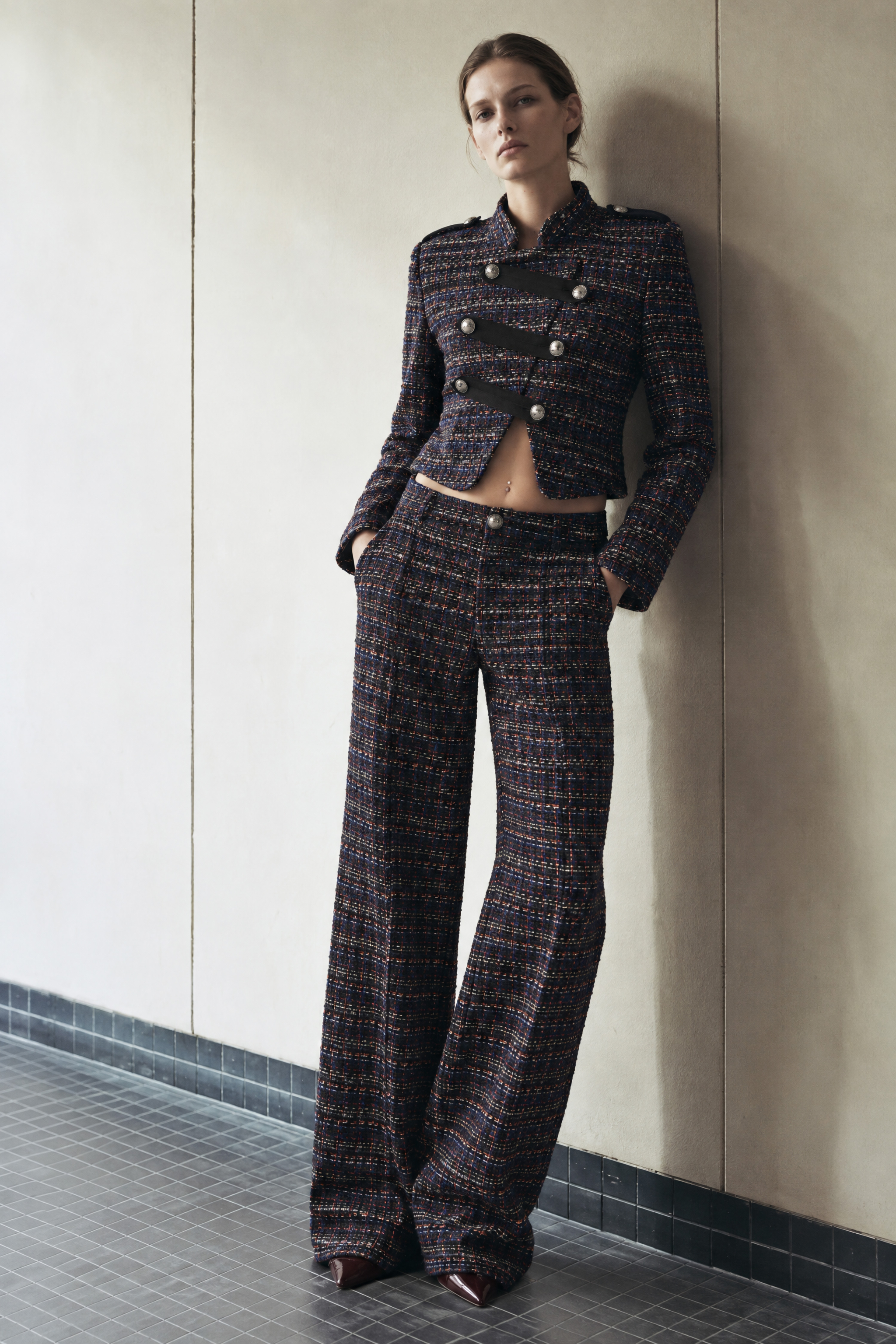 Cropped Tweed Jacket with Stand Collar